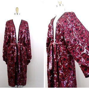 RARE Couture Sequin Beaded Kimono Duster / Bohemian Novelty Open Kaftan / Maroon Burgundy Floral Vintage Glam Robe w/ Belt