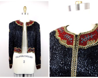 HEAVY Beaded Bolero / Heavily Embellished Red Black and Gold Bugle Bead Jacket Top