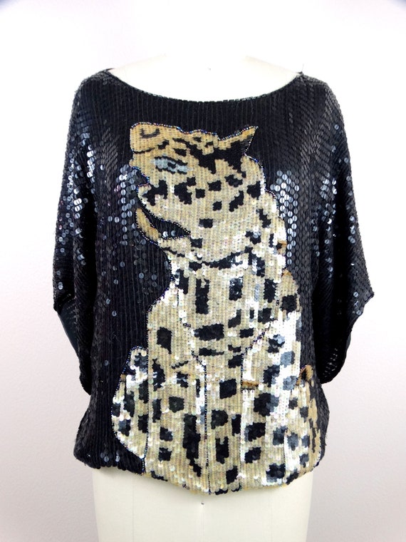 Abstract Leopard Sequin Blouse // Wild Animal Top… - image 2