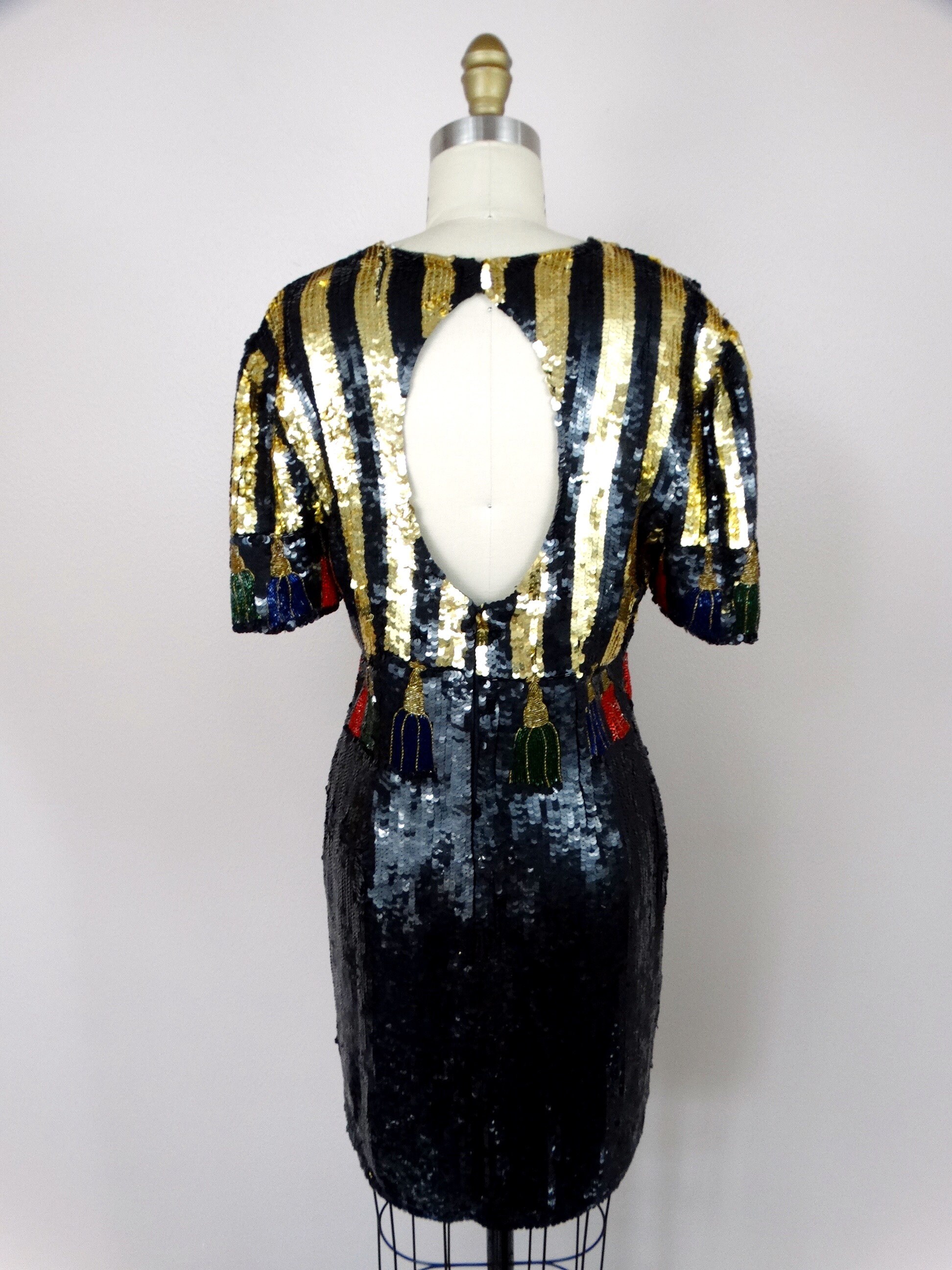 80s Tassel Beaded Sequin Dress // Black and Gold Striped Dress W/ Rope  Tassels - Etsy