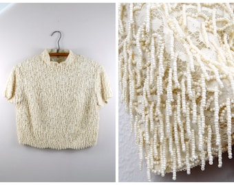 All Fringe Beaded Crop Top // Tassel Embellished Lace Top w/ Cream Fringed Beading