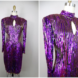 S/M BOLD Magenta Sequined Gold Beaded Dress // Fuschia Pink Violet Purple Sequin Embellished 1980&#39;s Party Dress