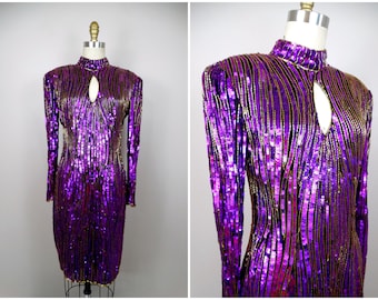 BOLD Magenta Sequined Gold Beaded Dress / Fuschia Pink Violet Purple Sequin Embellished 1980's Party Dress
