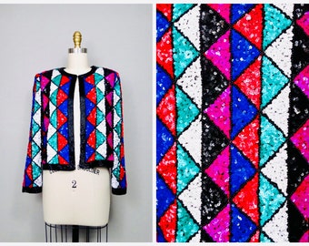 Cárdigan ecléctico con lentejuelas / Bolero retro con lentejuelas y cuentas / Chaqueta con bloques de colores brillantes y adornos completos (tamaño mediano)