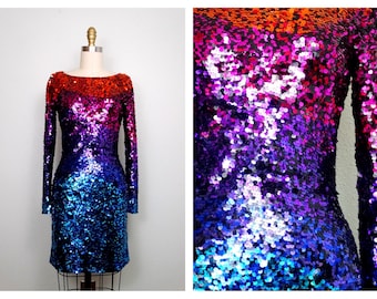 Ombré Rainbow Sequin Dress / Colorful Sequined Dress / Fully Sequined Party Dress by Black Tie Oleg Cassini