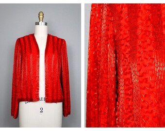 Capriccio Red Beaded Formal Jacket // Vintage Red Fully Beaded Blazer