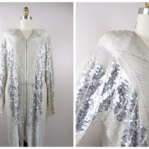 70s 80s Sheer Sequined Duster / White and Reflective Mirror Silver Sequin Long Jacket / Bridal Wedding Dress Robe by St. Martin