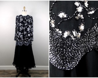 Vestido de noche formal vintage con cuentas / Vestido largo de gasa con lentejuelas negras