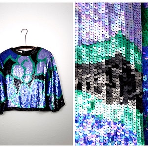 S/M Floral Sequin Top / Hand Beaded Top / Blue Green and Purple Silk Crop Top