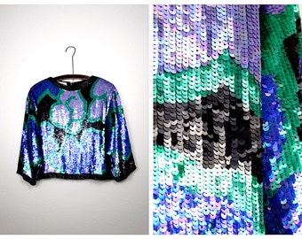 80s Glam Sequin Top // Liquid Sequined Hand Beaded Top // Blue Green and Purple Floral Silk Crop Top
