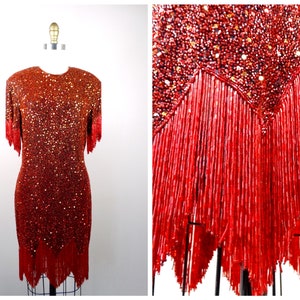 Naeem Khan Fransen Perlen Kleid / Vintage Couture Rot Orange Pailletten Kleid / RIAZEE Kleid