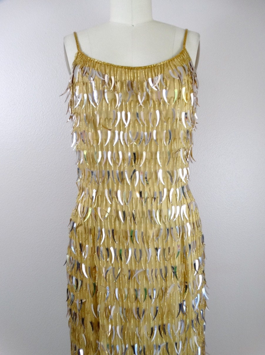 Cattail Sequin Fringe Beaded Gold Gown / Tassel Beaded Silk Full Length Evening Dress / Old Hollywood Glam Sequined Gown Small S
