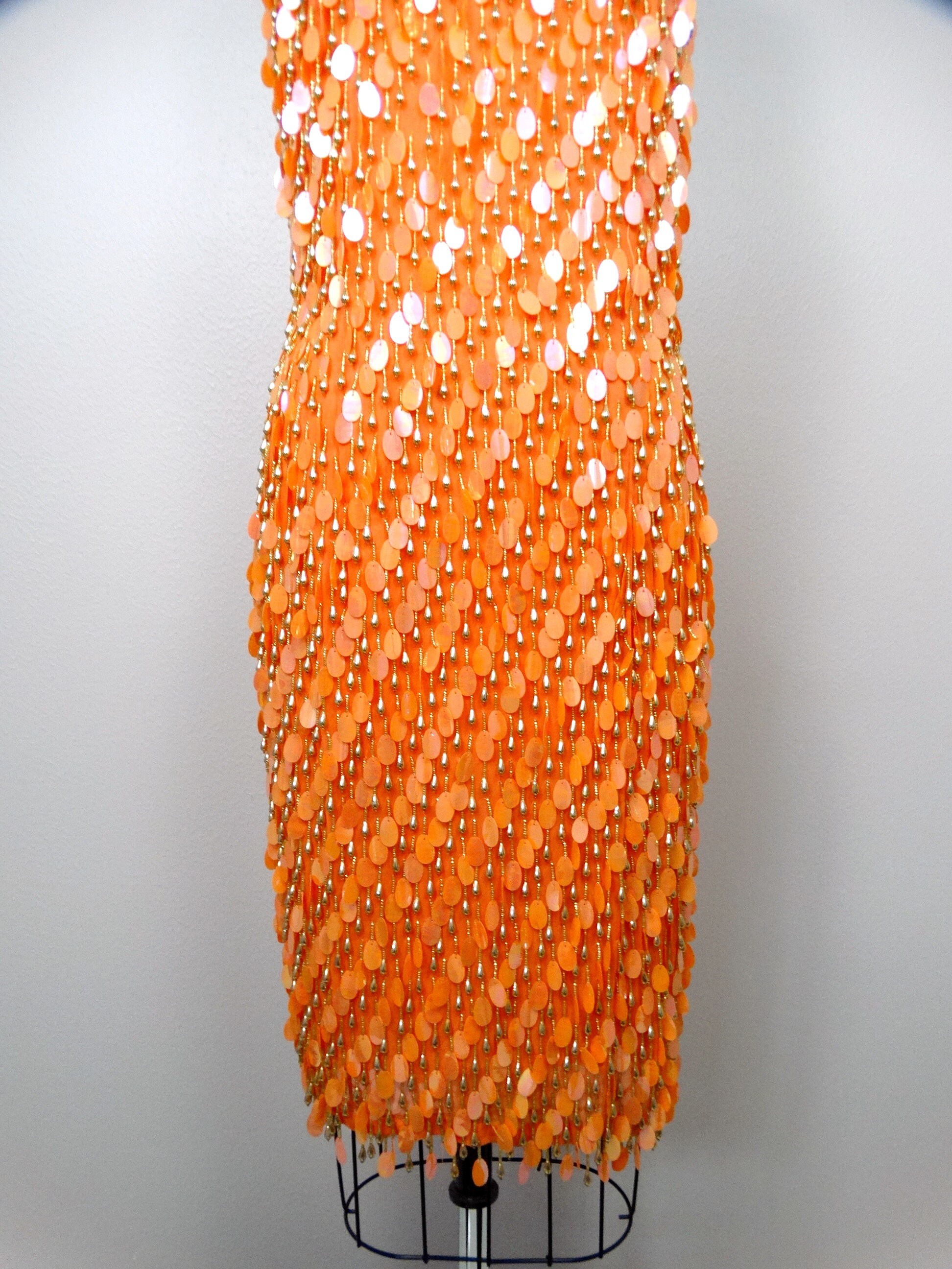 Orange Paillette Sequin Party Dress / Bright Embellished Cocktail Dress / Gold Beaded Fringe Teardrop Paillettes Sequined Dress
