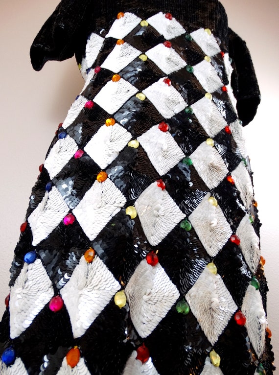 80s Jewel Beaded Sequin Dress / Bejeweled Black a… - image 3