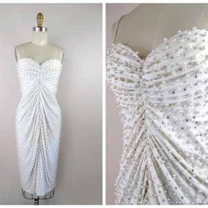 Rare Rhinestone Crystal Pearl Beaded Dress / Bombshell Pearl Embellished Dress / Vintage Couture Beaded Wedding Dress