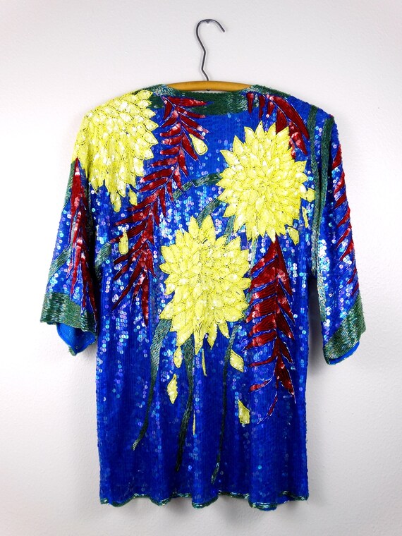 VTG Silk Beaded Sequin Top / Blue Red and Yellow … - image 4