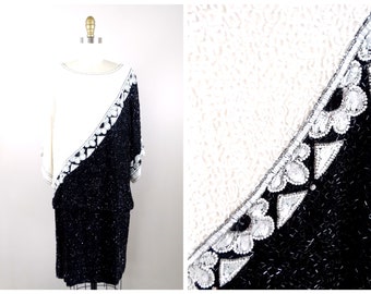 BOB MACKIE Beaded Dress / Retro Fully Embellished Dress / Black and White Glam Designer Dress US Size 12