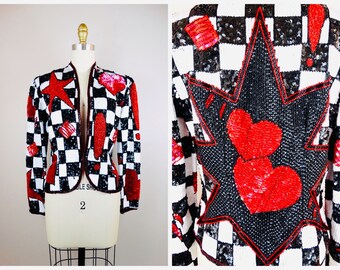 ESCADA Couture Sequin Jacket // Retro Glam Black and White Jacket // Pop Art Stars & Hearts Beaded Sequin Embellished Checker Blazer 36