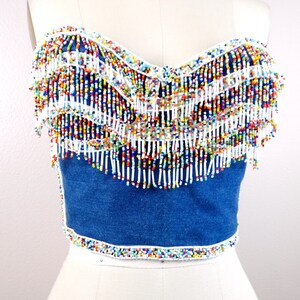 Fringe Seed Beaded Denim Bustier Top / Vintage Fringed Bead Embellished ...