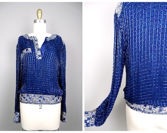 LANCETTI Vintage 80s Top, Italian navy silk with sequins and beads 