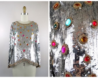 1990s Glam Jewel Embellished Beaded Sequined Designer Couture Ornate Jeweled Art Deco Top