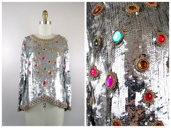 80s 90s RARE Bejeweled Sequined Designer Couture Ornate Jewel Beaded Top