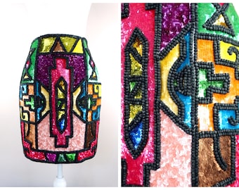 TODD OLDHAM Sequined Beaded Dress Skirt // 90s Vintage Designer Couture Stain Glass Sequin Embellished Skirt Small