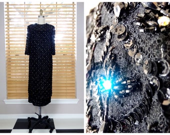 50s 60s Rhinestone Crystal Beaded Sequin Dress / 1950's 1960's Sequined Dress / Black Lace Jewel Beaded Dress