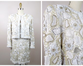 RARE Crystal Couture Rhinestone Mini Dress and Bolero / 90s Designer Fully Beaded White Sequined Dress w/ Cropped Jacket