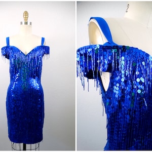 Royal Blue Fringe Beaded Sequin Dress / All Over Tassel Beaded Dress / Deep Ocean Blue Embellished Fringed Party Dress