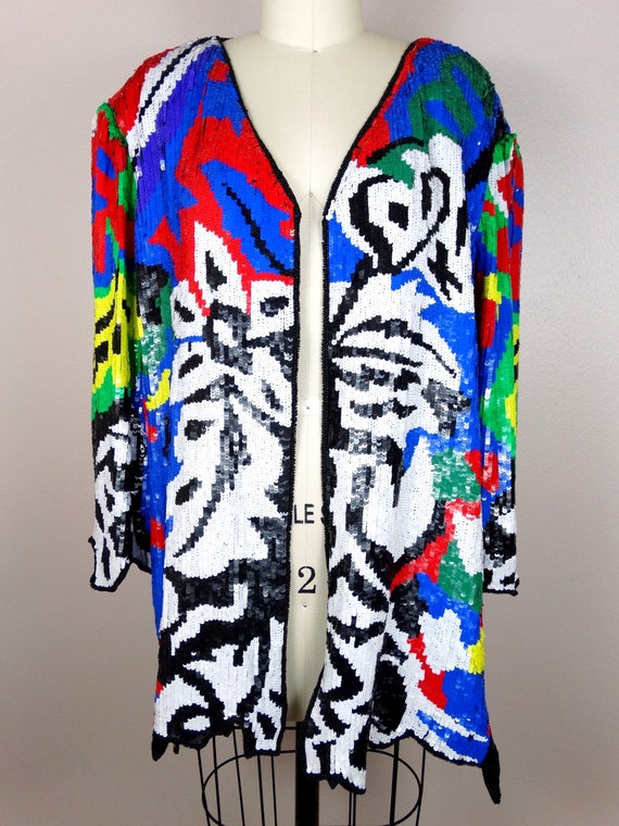 M/L Funky Sequin Embellished Cardigan // 1980's C… - image 2