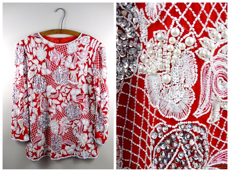 Heavy Pearl Beaded Blouse Bright White Pearl Embellished Red Silk Top Art Deco Beaded Sequined Top