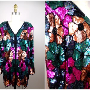 SPARKLING Floral Sequin Jacket | Plus Size Pink Purple Green & Gold Beaded Jacket XL 1x 2x
