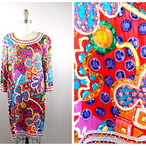 Funky & Fabulous Sequin Beaded Dress / Psychedelic Vintage Retro Sequined Dress US Size 10