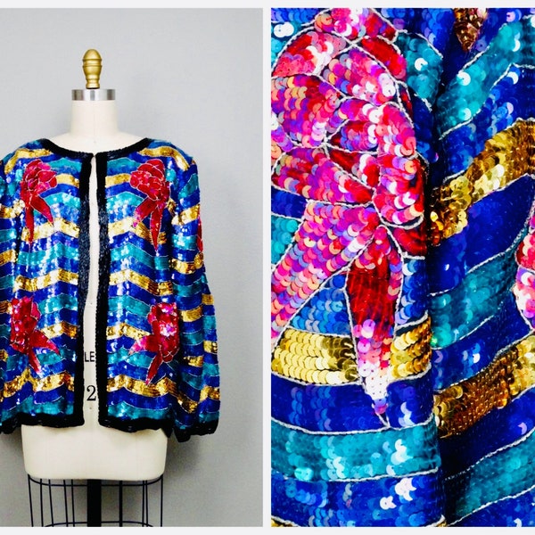M | 80s Sequined Blazer // Bright Sequin Embellished Beaded Evening Jacket