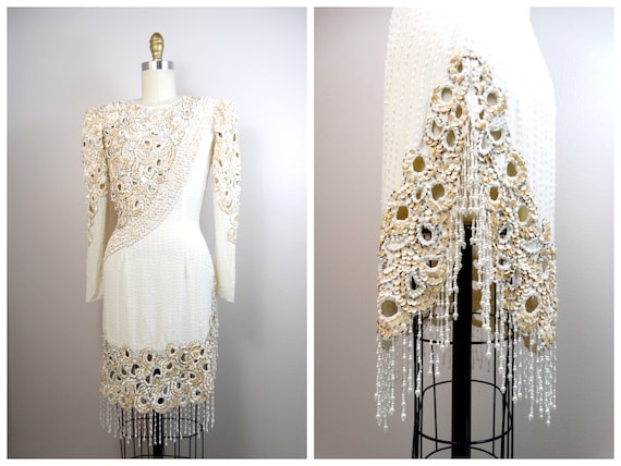 Peekaboo Pearl Beaded Fringe Mini Dress Sexy Flapper Dress Vintage Sequin Ivory Dress W High Slit Etsy Canada