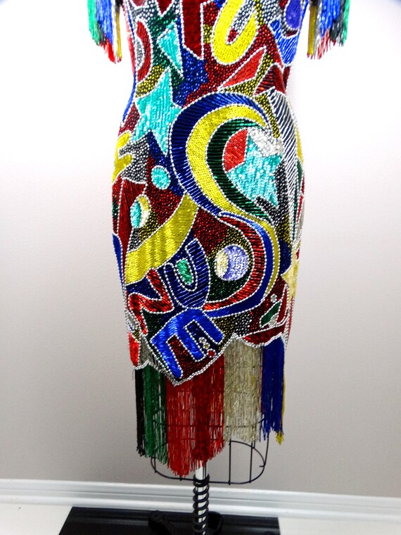 FUNKY Couture Fringe Beaded Dress // Rainbow Sequ… - image 3