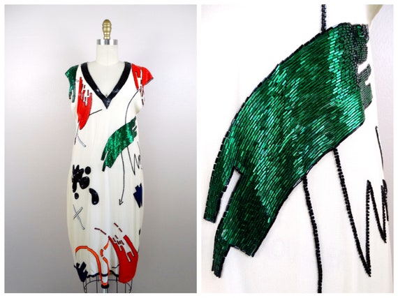 90s Abstract Art Beaded Silk Dress // Funky Hand … - image 7