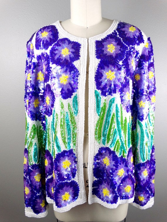 RARE Aster Flower Sequined Jacket // Purple Flora… - image 2