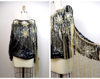 Vintage Perlen Pailletten Fransen Top, Gold Verzierte Ärmel