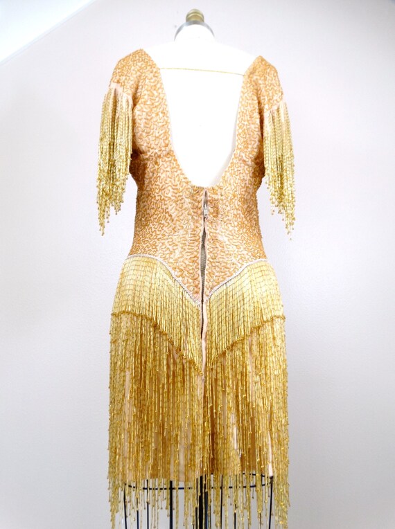 HEAVY Fringe Beaded Mini Dress // Glam Gold Haute… - image 8