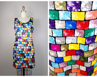 Bright Multicolor Sequin Mini Dress / Designer Couture Embellished Dress / Colorful Sequined Beaded Rainbow Mini