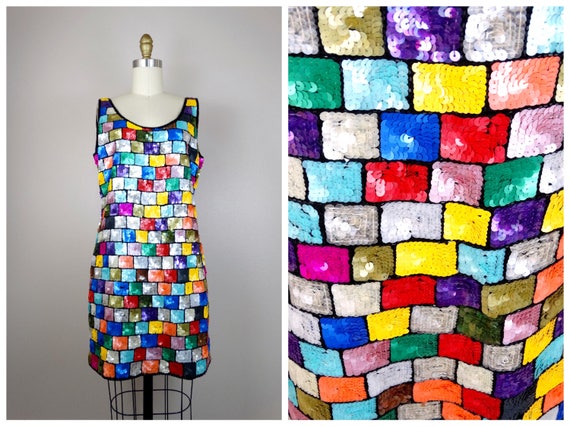 Bright Multicolor Sequin Mini Dress / Designer Co… - image 1