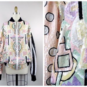 Plus Size Pearl Beaded Bomber Jacket / RARE Pastel Sequined Couture Coat 1x 2x