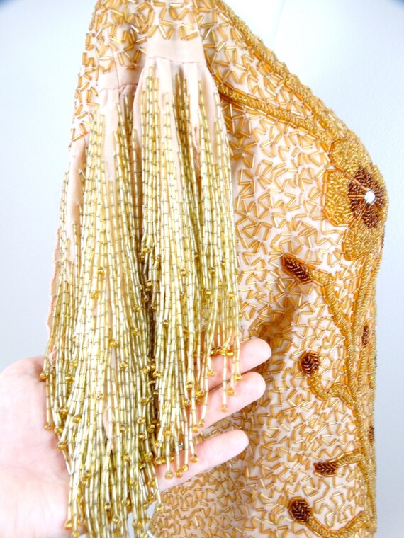 HEAVY Fringe Beaded Mini Dress // Glam Gold Haute… - image 6