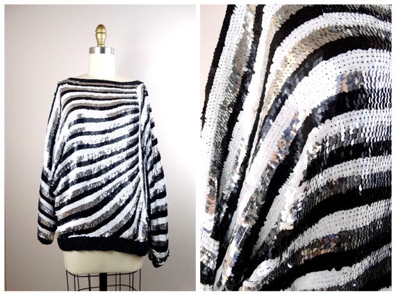 L/XL Oversized Sequin Top / Mirror Silver Black a… - image 1