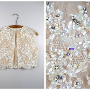 50s 60s Crystal Rhinestone Beaded Bolero Vest // Ivory Cream Lace Iridescent Sequin Embellished Bridal Crop Top w/ Jewels image 1