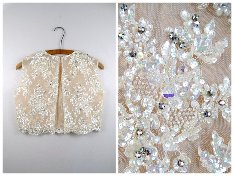 50s 60s Crystal Rhinestone Beaded Bolero Vest // Ivory Cream Lace Iridescent Sequin Embellished Bridal Crop Top w/ Jewels image 1