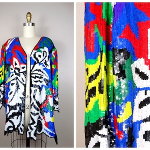 M/L Funky Sequin Jacket // 1980&#39;s Color Pop Sequined Trophy Jacket