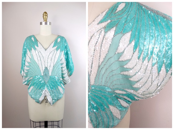 VTG Dolman Sequined Blouse // Bright Turquoise and